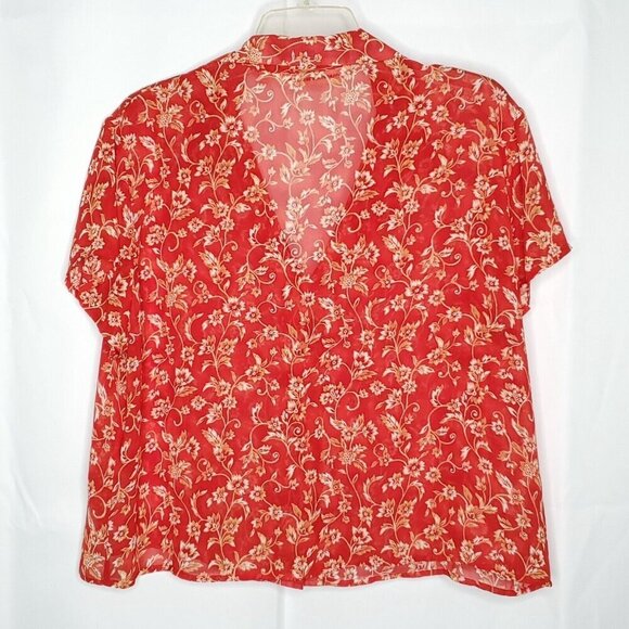Victorias Secret Sheer Floral Blouse Top L Red Button Front Short Sleeve Fairy - Picture 2 of 5